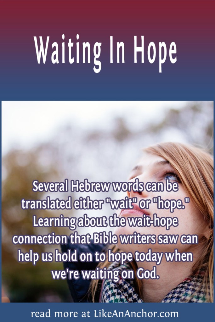 Image of a woman looking up at the sky, overlaid with blog's title text and the words, "Several Hebrew words can be translated either "wait" or "hope." Learning about the wait-hope connection that Bible writers saw can help us hold on to hope today when we're waiting on God."