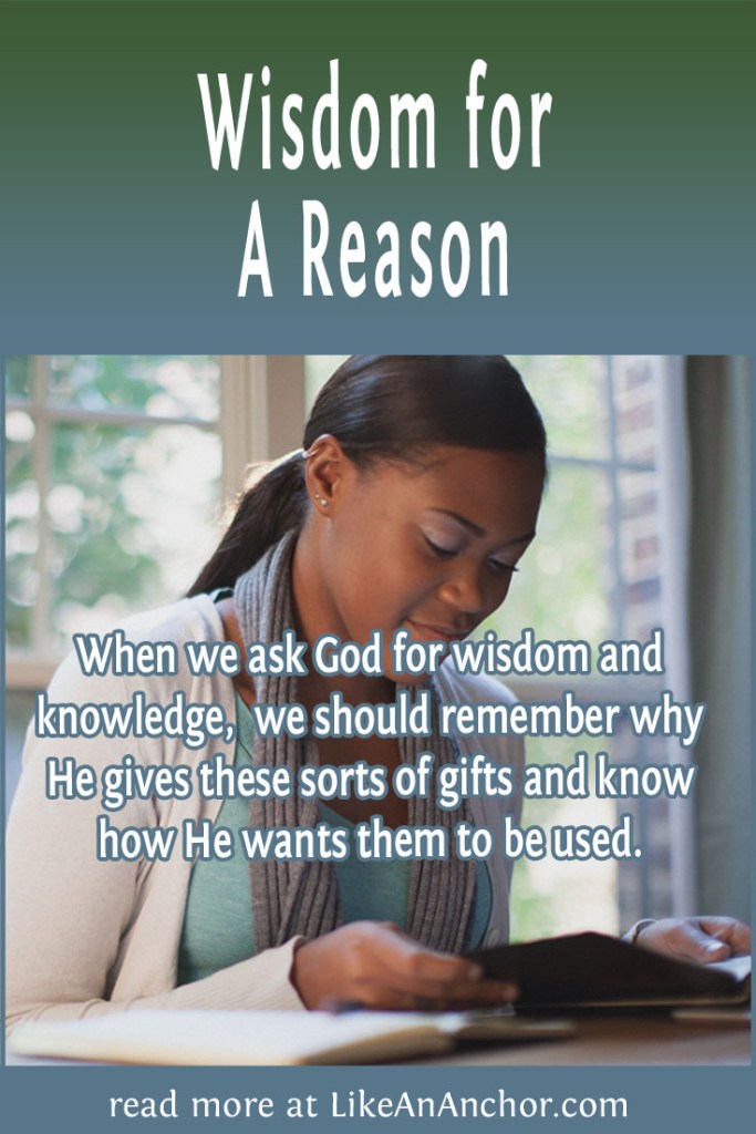 Image of a woman reading the Bible, overlaid with blog's title text and the words, "When we ask God for wisdom and knowledge, we should remember why He gives these sorts of gifts and know how He wants them to be used."