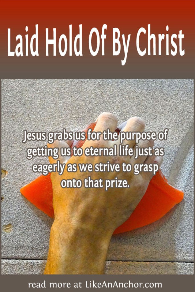Image of a hand gripping a hand-hold on a climbing wall, overlaid with blog's title text and the words, "Jesus grabs us for the purpose of getting us to eternal life just as eagerly as we strive to grasp onto that prize."