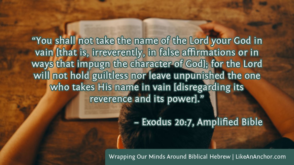 Image of a man studying the Bible overlaid with text from Ex. 20:7, AMP version: “You shall not take the name of the Lord your God in vain [that is, irreverently, in false affirmations or in ways that impugn the character of God]; for the Lord will not hold guiltless nor leave unpunished the one who takes His name in vain [disregarding its 
reverence and its power]."