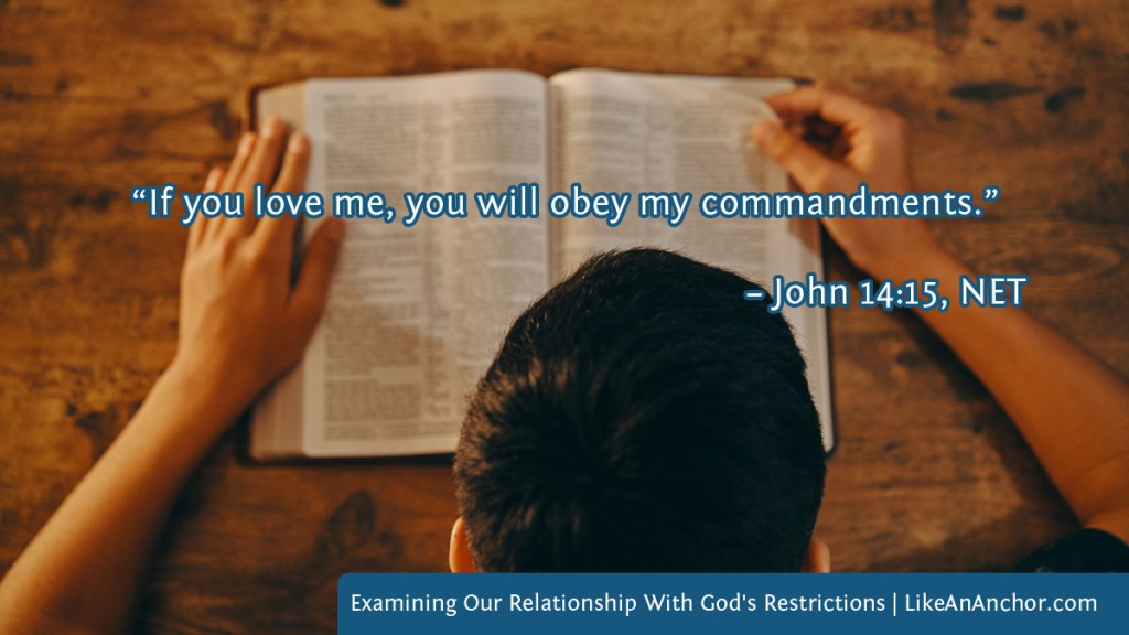 Image of a man reading the Bible overlaid with text from John 14:15, NET version: “If you love me, you will obey my commandments.”