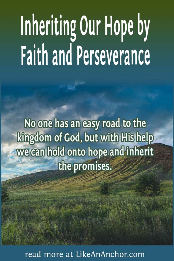 Image of a grassy hill under a cloudy sky, overlaid with blog's title text and the words, "No one has an easy road to the kingdom of God, but with His help we can hold onto hope and inherit the promises."