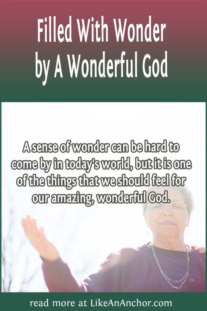 Image of a woman with her hand raised in prayer, overlaid with blog's title text and the words, "A sense of wonder can be hard to come by in today's world, but it is one of the things that we should feel for our amazing, wonderful God."