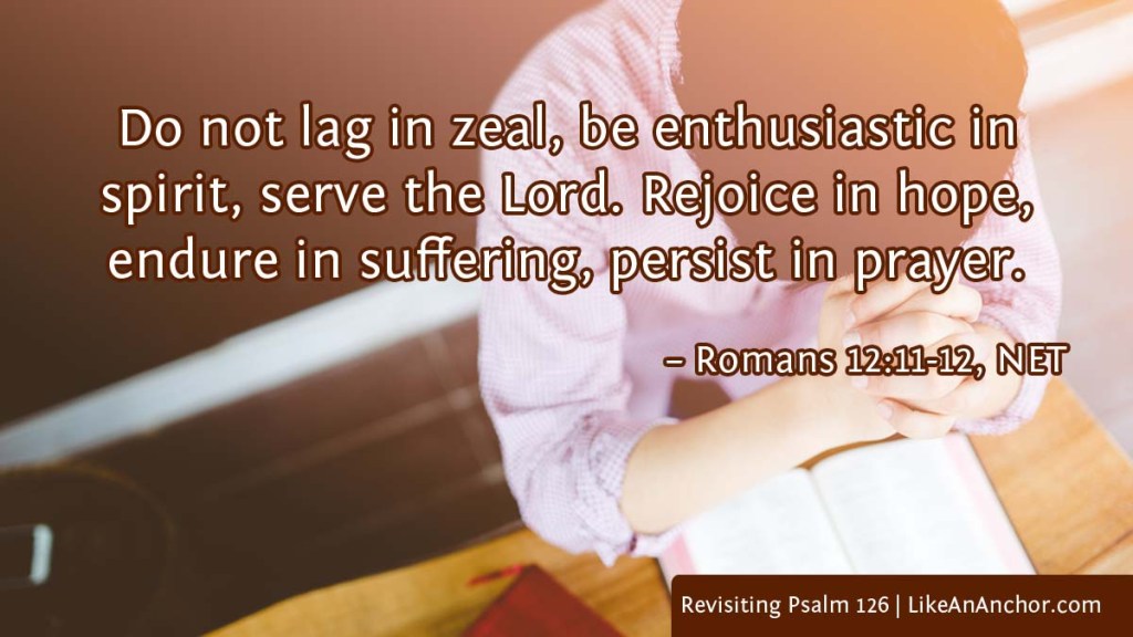 Image of ___ overlaid with text from Romans 12:11-12, NET version: "Do not lag in zeal, be enthusiastic in spirit, serve the Lord. Rejoice in hope, endure in suffering, persist in prayer."